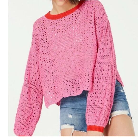 Free People Bright Pink Red Home Run Crop Sweater Pullover Contrast Neck Cuff XS - Picture 1 of 7